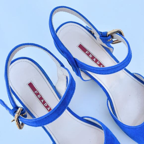 Prada Authentic Suede Blue Espadrille Cork Wedges Sandals 39 Heels 9 Dust Bag - Picture 5 of 11